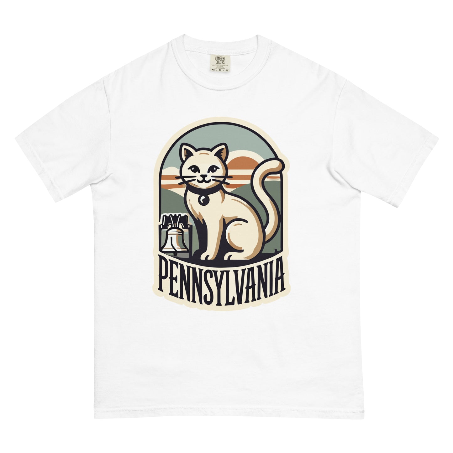 White Pennsylvania cat t-shirt with cute cat and Liberty Bell graphic for casual wear