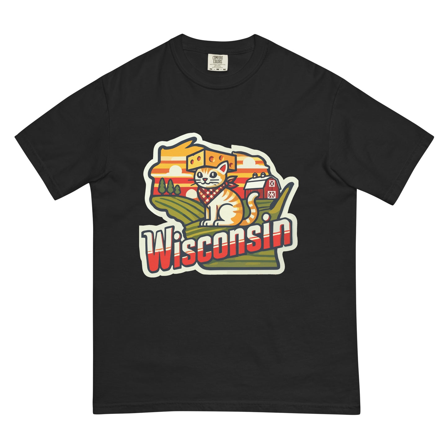 Black Wisconsin cat t-shirt with cartoon cat wearing cheese hat and farm background