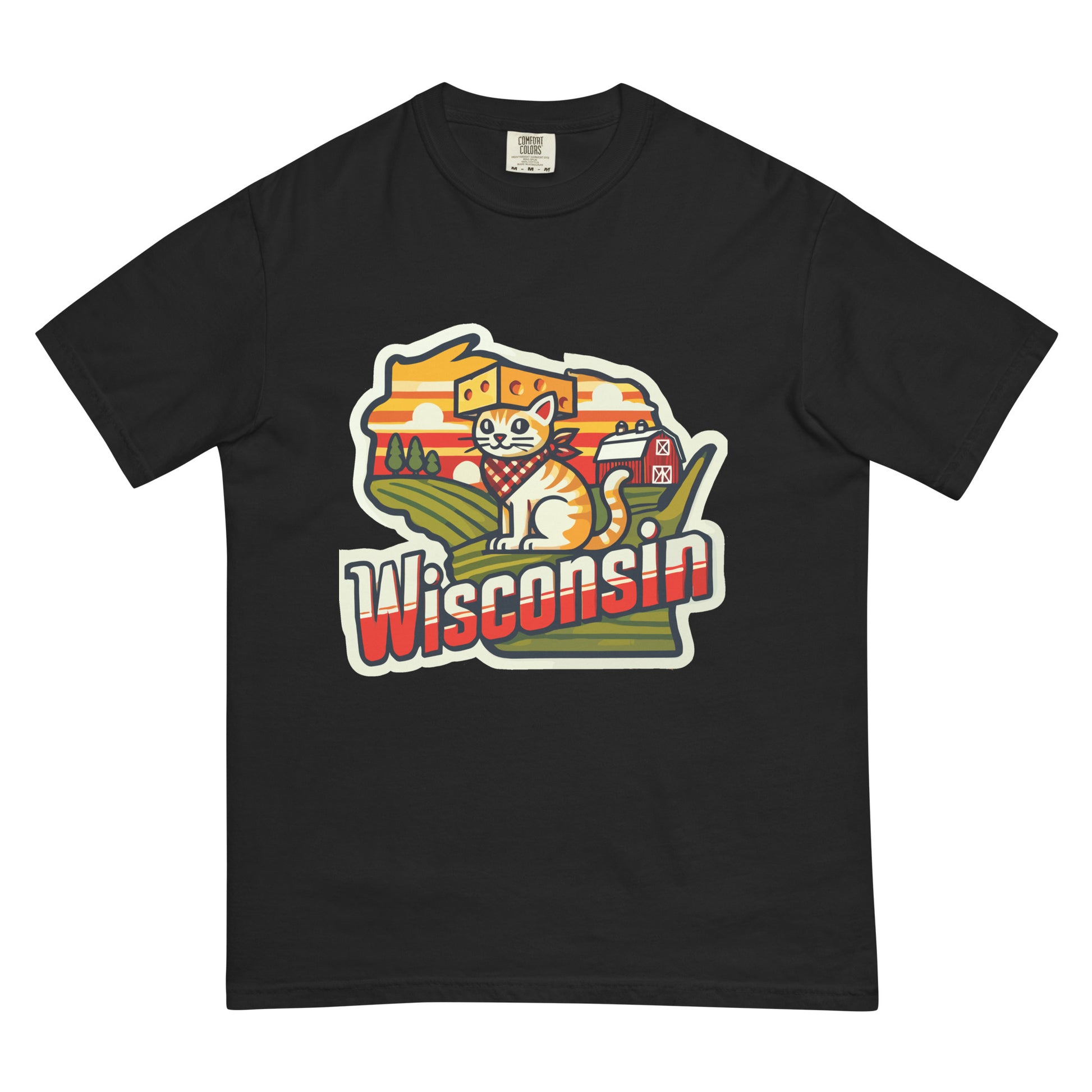 Black Wisconsin cat t-shirt with cartoon cat wearing cheese hat and farm background