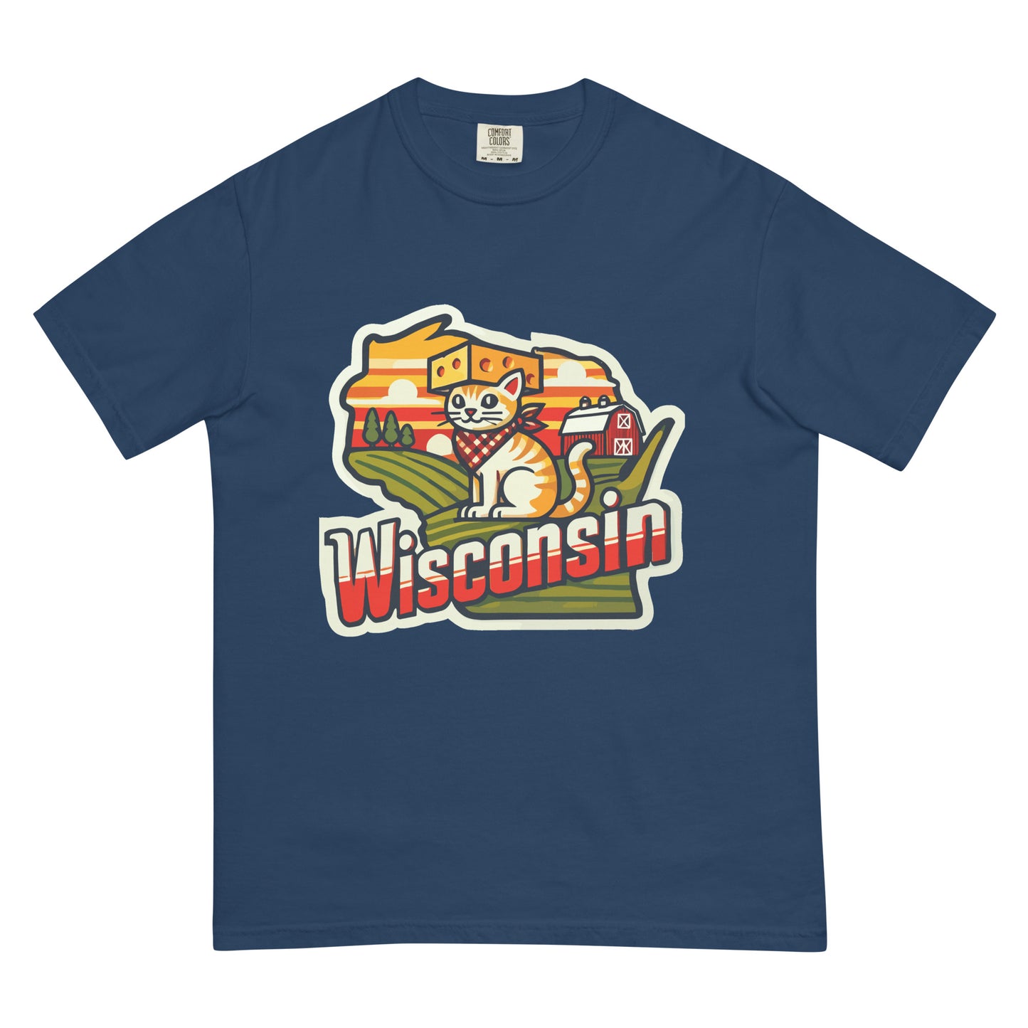 Blue Wisconsin cat t-shirt featuring a cartoon cat with cheese and farmland design
