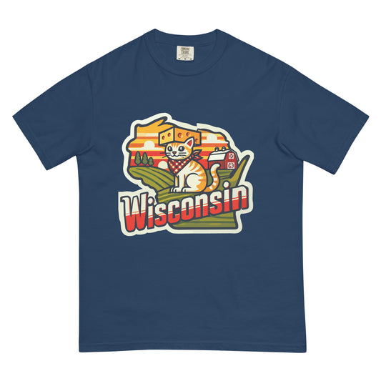 Blue Wisconsin cat t-shirt featuring a cartoon cat with cheese and farmland design