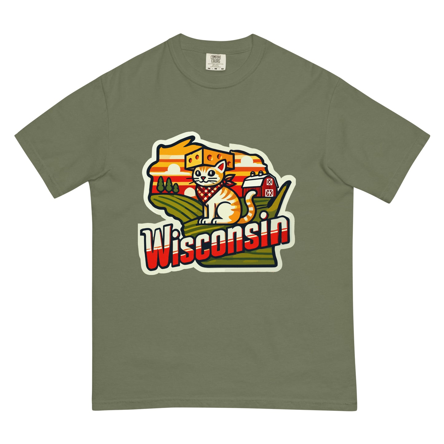 Olive green Wisconsin cat t-shirt featuring a cat with cheese and farmland design by meowrica
