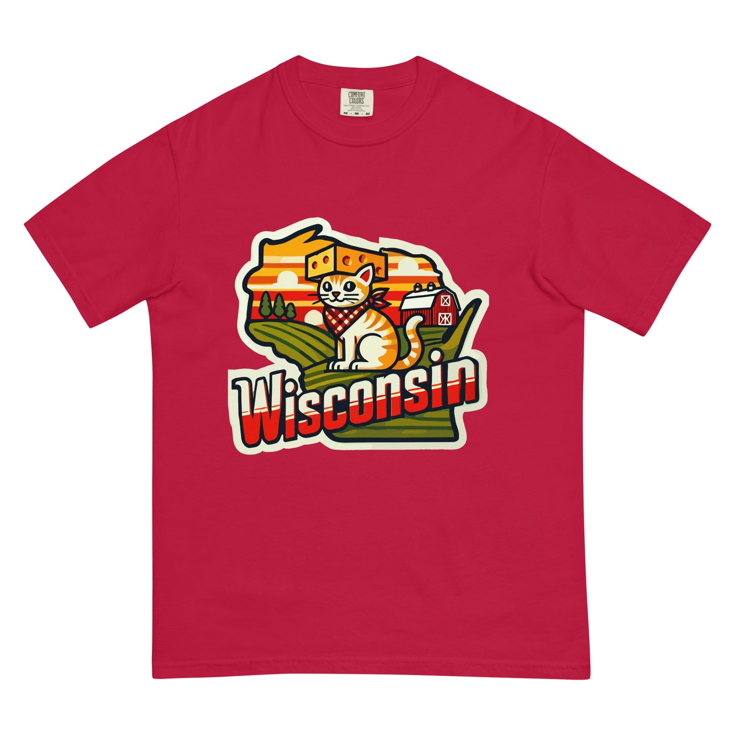 Red Wisconsin cat t-shirt featuring a cat with cheese and farm scenery graphic
