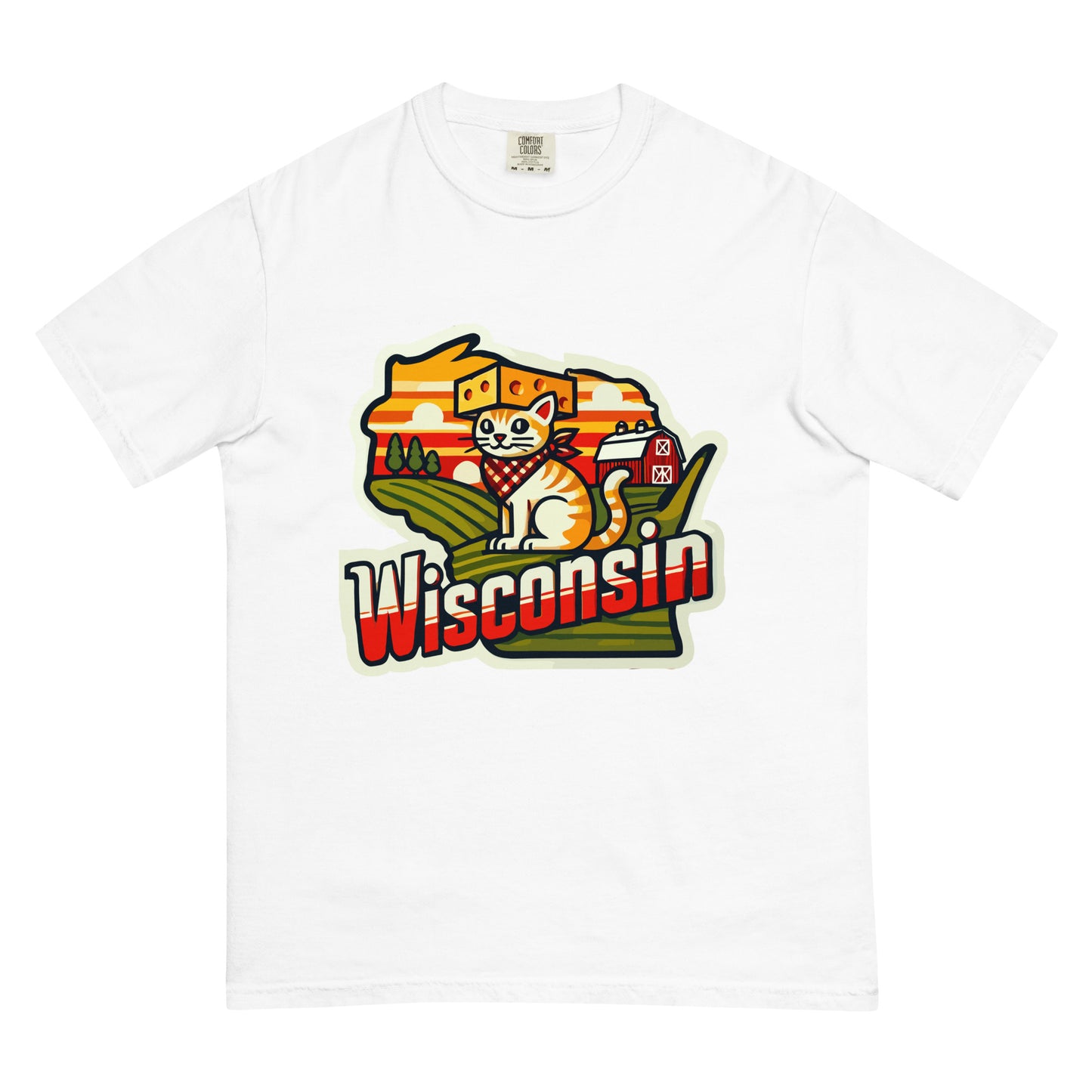 White Wisconsin cat t-shirt with a cartoon cat wearing a cheese hat and farm background